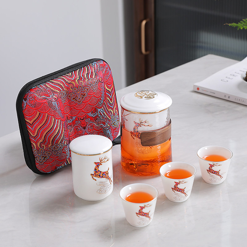 陶瓷功夫旅行茶具套装便携式包随身随行中式复古风玻璃茶壶快客杯