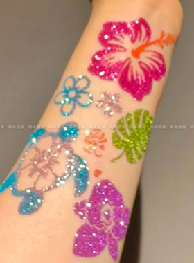 夏日海边扶桑花和海龟闪闪纹身贴