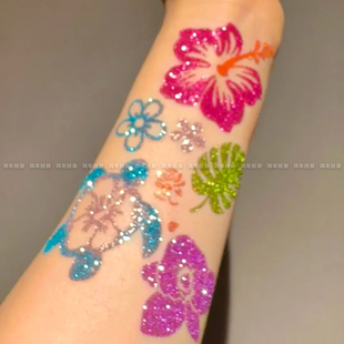 夏日海边扶桑花和海龟 闪闪纹身贴少女心花臂甜酷拍照贴纸亮晶晶