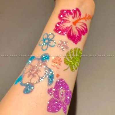 夏日海边扶桑花和海龟闪闪纹身贴