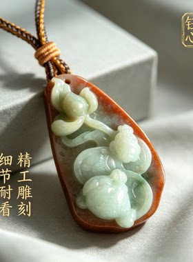 黄翡巧雕双喜临门红翡俏色巧雕红翡与翡翠的完美结合