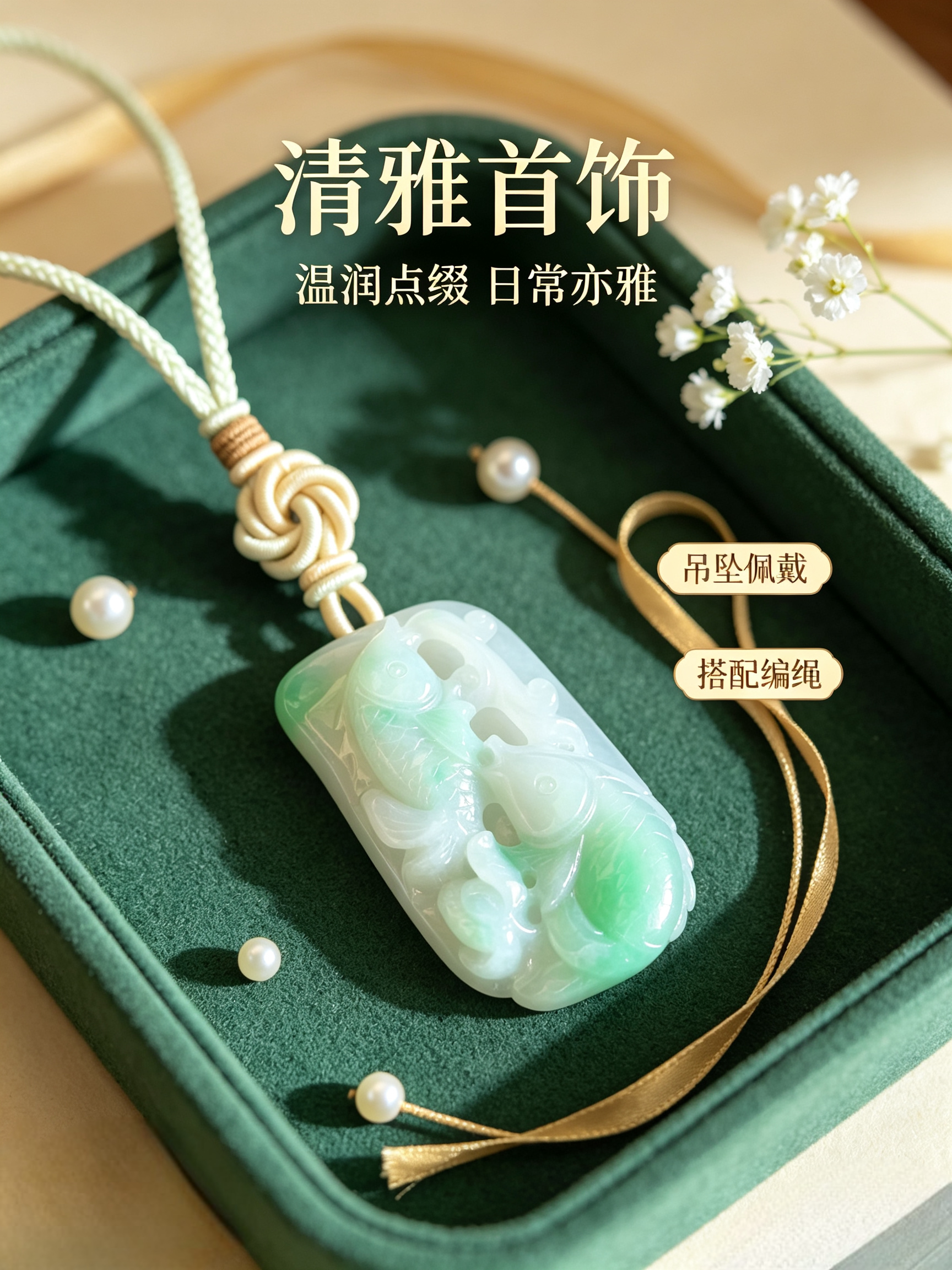 【清雅翡翠·双鱼纳福】  玉质润得像浸了春水