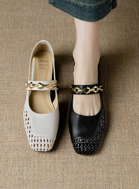 莨凤2025新款法式编织镂空单鞋女配裙子低跟侧空包头凉鞋LF903