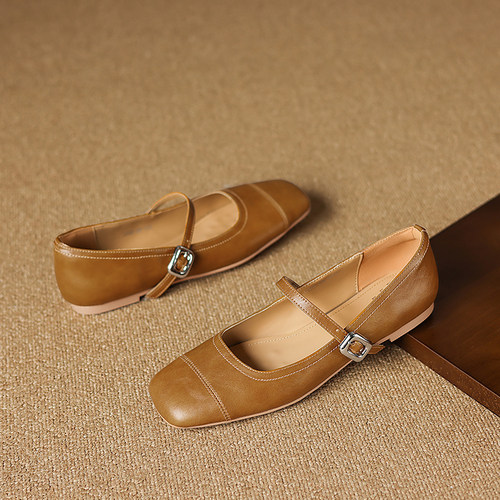 牛皮2025新款方头平底简约玛丽珍女鞋LF032