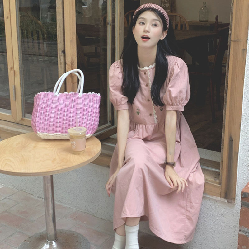 别致独特的裙子奶fufu呼呼甜美温柔系凡尔赛粉色泡泡袖洋装女夏