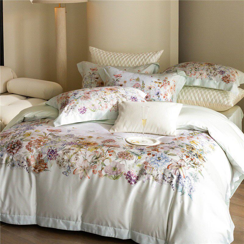 高端纯棉新疆长绒棉四件套花卉数码印花美式田园风床上用品白绿色