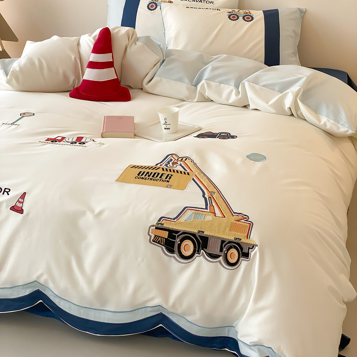 工程挖掘机儿童卡通100支纯棉长绒棉床上四件套全棉被套男孩被单