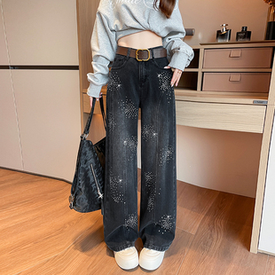 满天星钻阔腿牛仔裤女加长裤子烫钻2026春季垂感长裤弯刀裤薄款