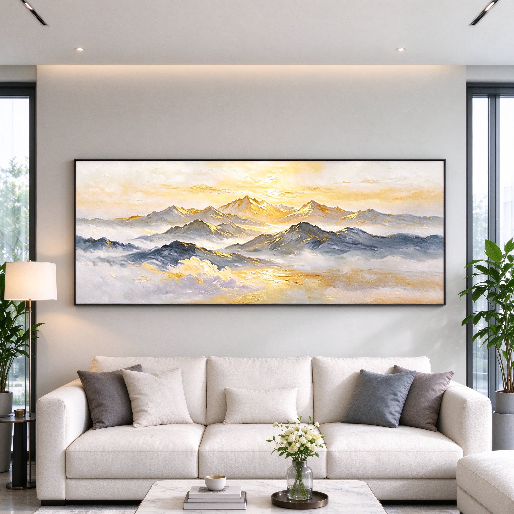 纯手绘油画日照金山客厅装饰画现代简约沙发背景墙山水画旭日东升