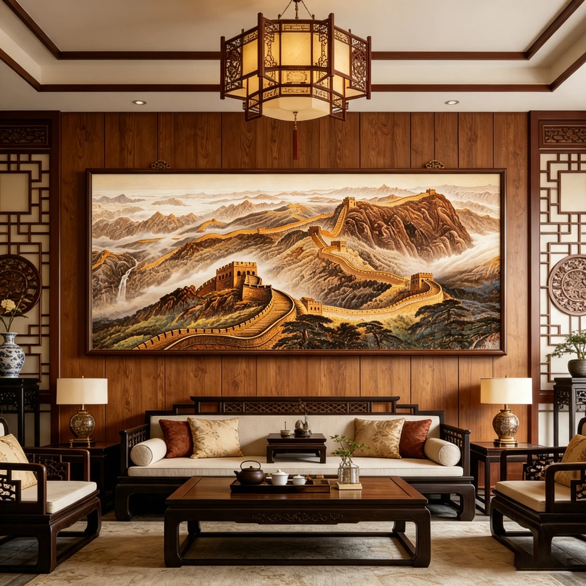 纯手绘长城油画新中式风景艺术画图片