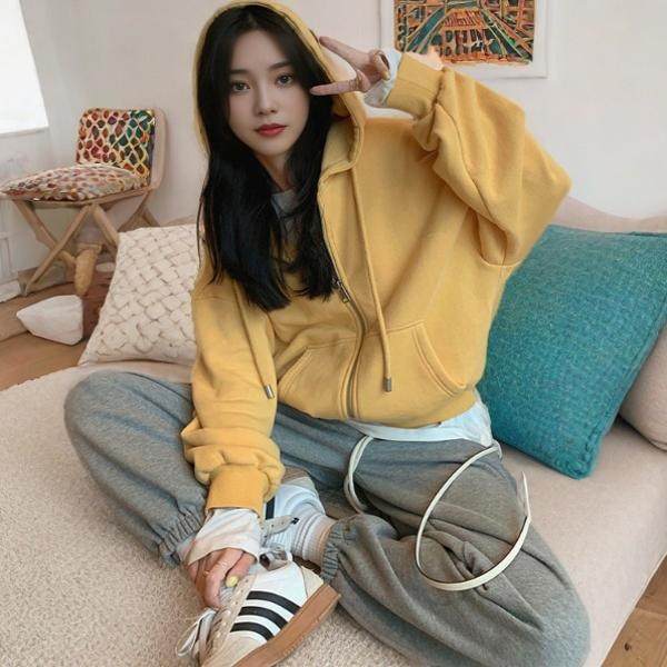 纯棉连帽外套女宽松纯色长袖外套女韩版设计感休闲连帽卫衣新款