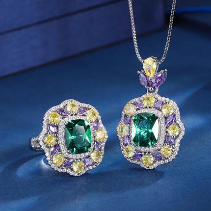 高级感珠宝铜底镀金仿真祖母绿色套装复古创意款满钻豪镶主石8*12