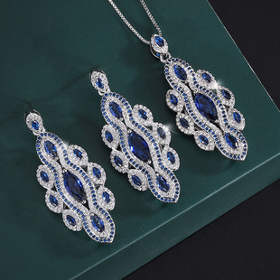 珠宝铜镀金首饰仿真皇家蓝宝手工镶钻女式套装主石5*9