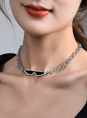 网红同款黑色太阳镜短款项链hiphop日韩流行眼镜项链
