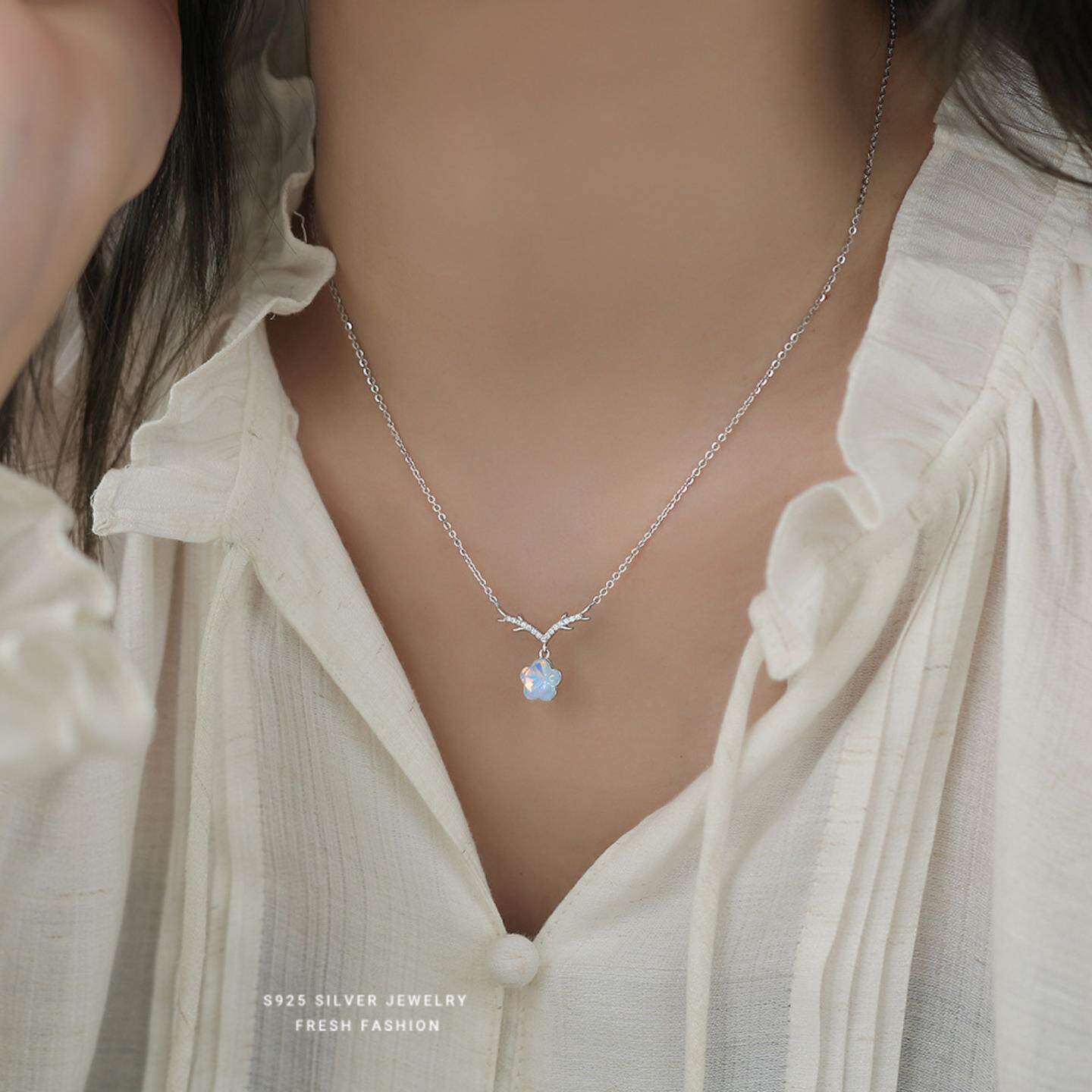 S925纯银驯鹿角炫彩小花项链女