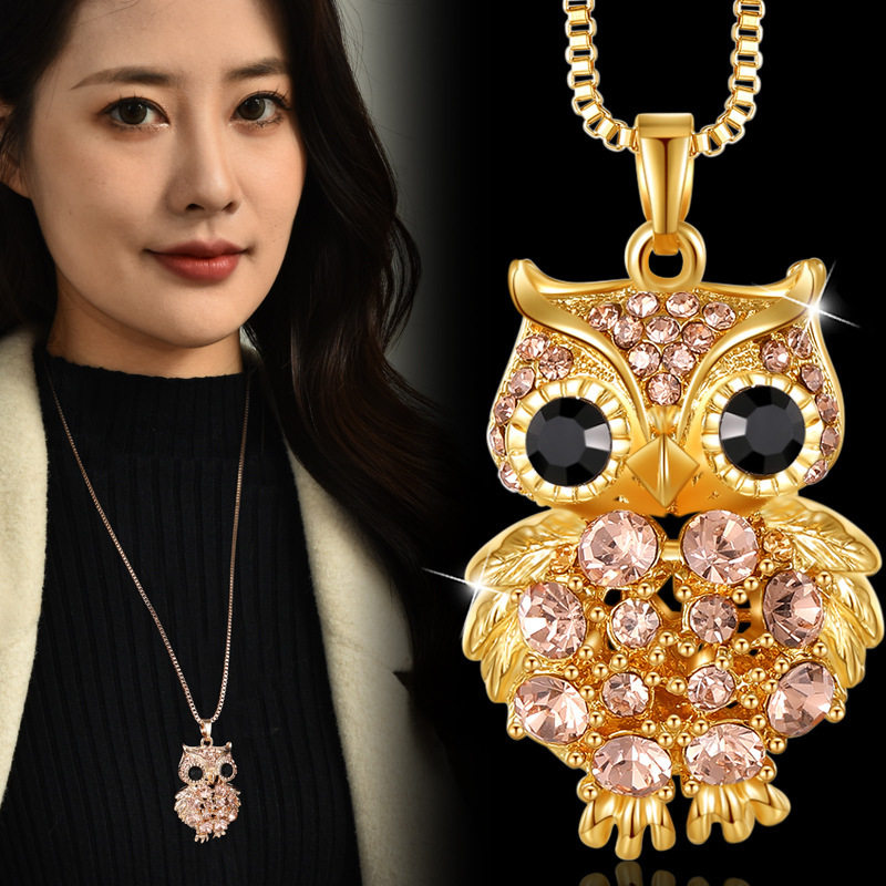 时尚瑞丽毛衣链镶钻猫头鹰吊坠长款项链女装挂件配饰外贸饰品