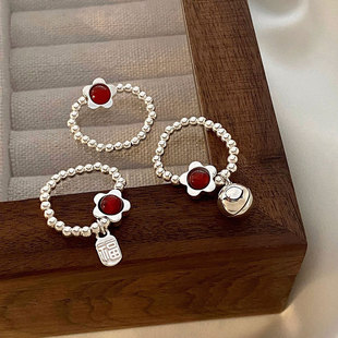 925镀银红玛瑙小红花铃铛福牌串珠银珠戒指新年首饰弹力绳戒