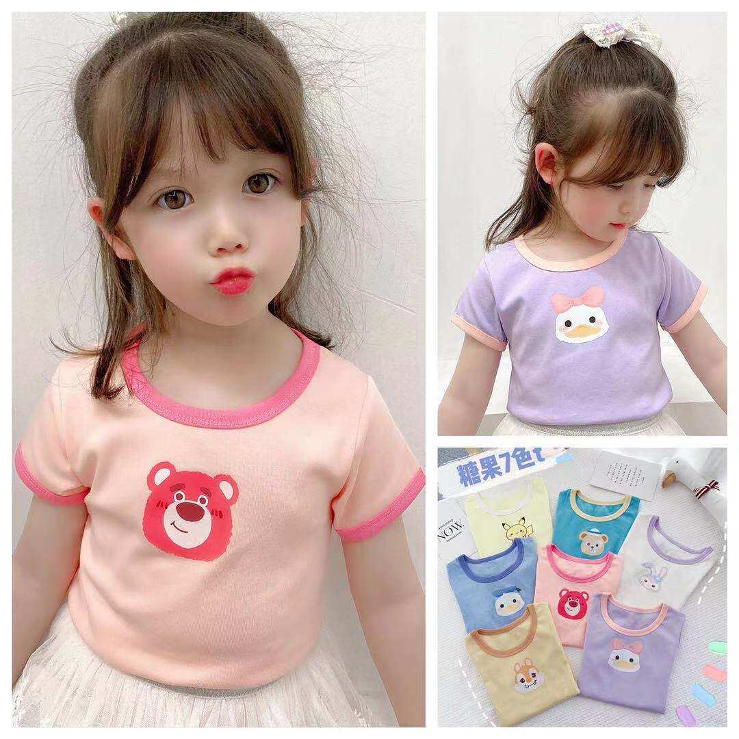 2025夏季童装新款男女童纯棉T恤上衣糖果色卡通弹力打底衫可爱潮