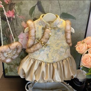 女童旗袍裙2026冬季新款新中式加绒加厚背心裙国风盘扣周岁拜年服