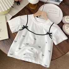 韩系夏装女童黑色蝴蝶结假两件印花短袖t恤宝宝儿童休闲上衣时尚