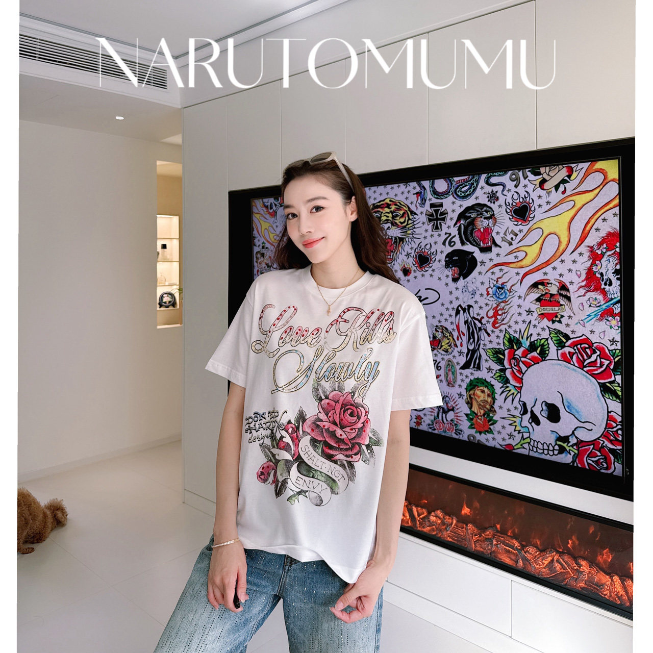 小姐姐全球购ED HARDY 花卉图腾 水钻印花 宽松大T恤 女款 26春03