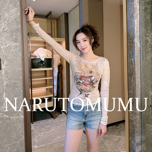 小姐姐全球购ED HARDY 水钻刺青暗纹印花 长袖T恤  女款25夏Z045