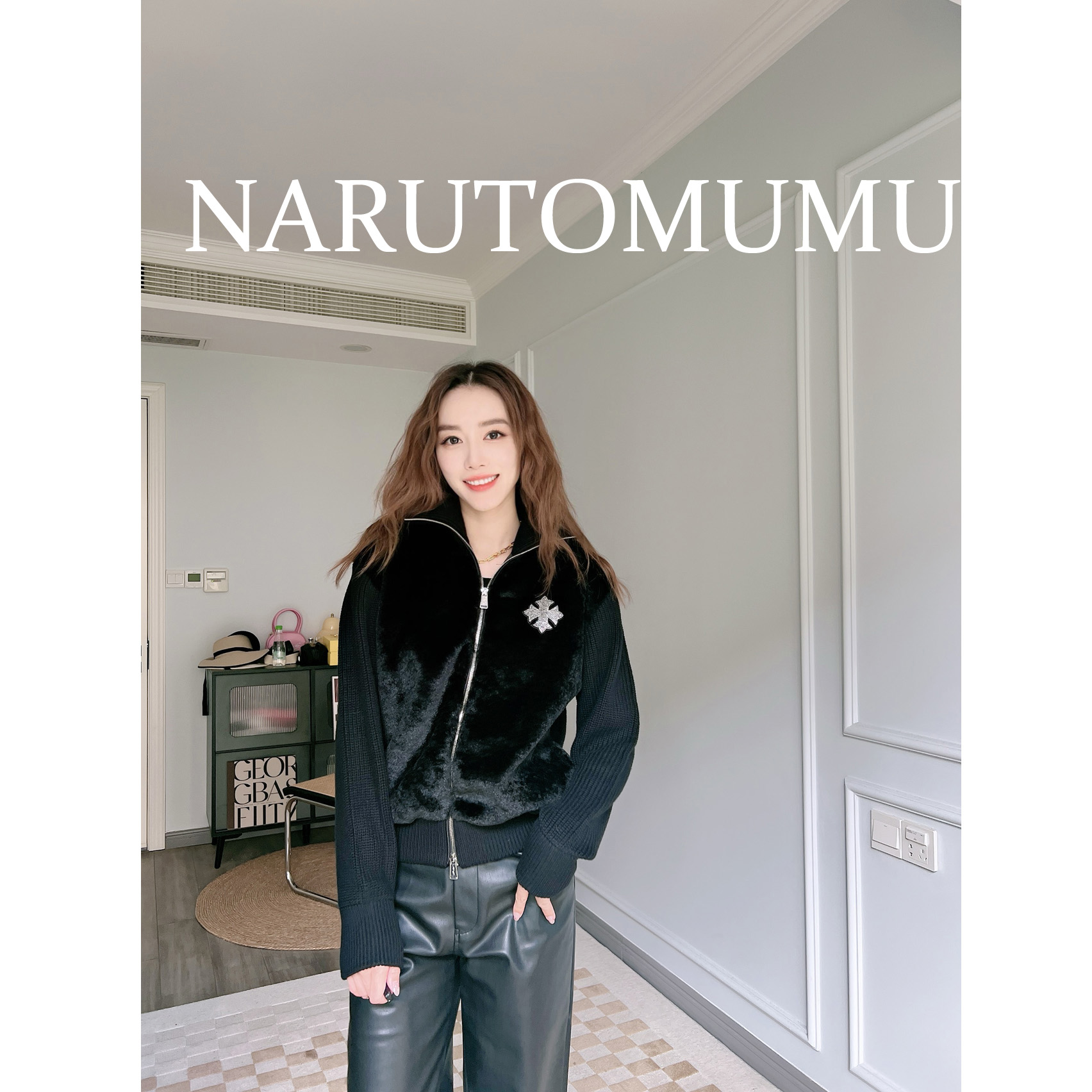 小姐姐全球购ED HARDY水钻十字环保皮草拼针织拉链衫 女款24冬Z04