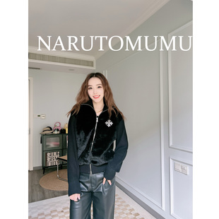 小姐姐全球购ED HARDY水钻十字环保皮草拼针织拉链衫 女款24冬Z04