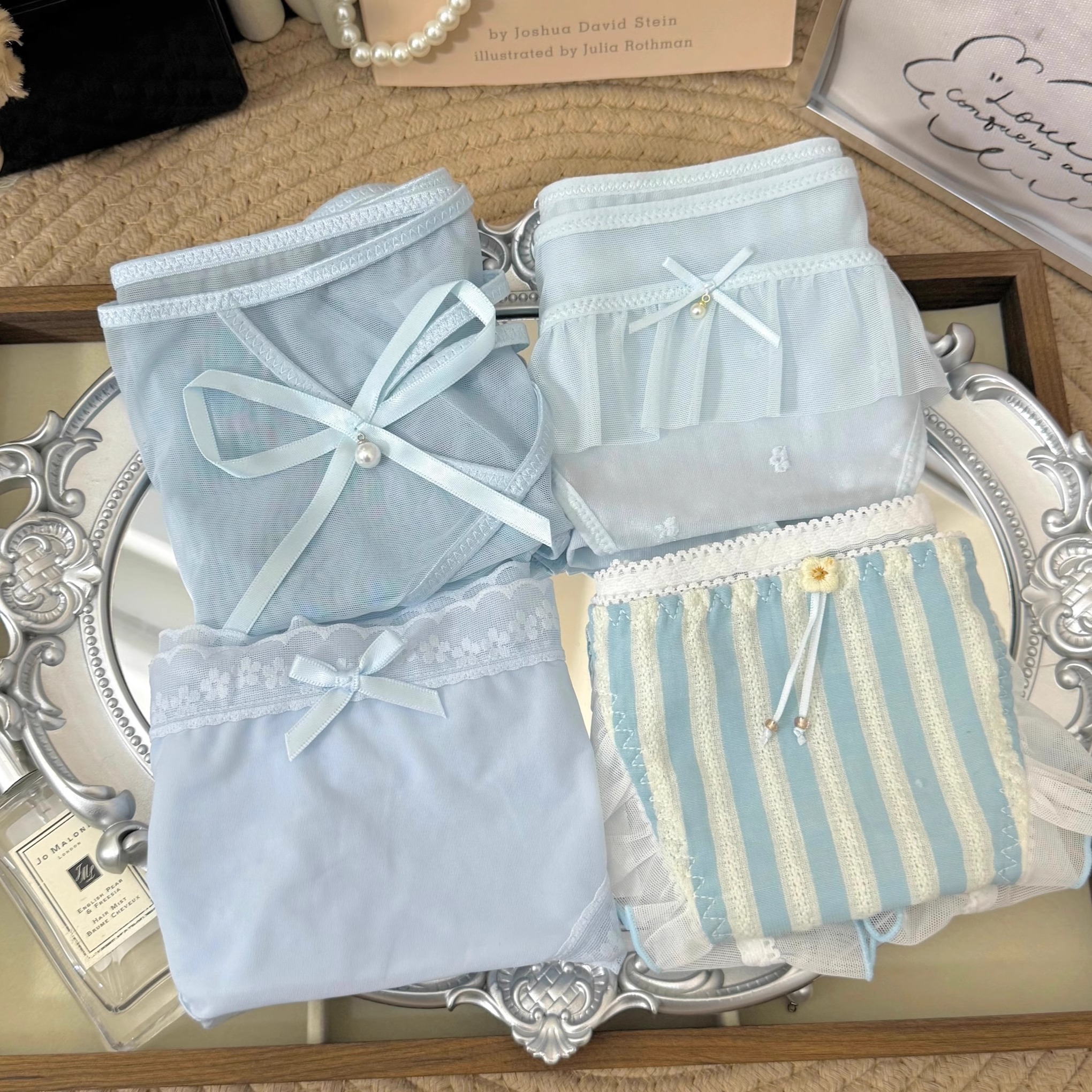 碎冰海盐*～法式浪漫碎冰蓝网纱蕾丝边甜美千金蝴蝶结贵气女内裤
