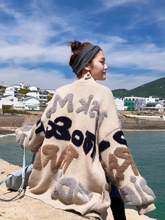 女2019秋季 针织衫 新款 中长款 外套 韩版 毛巾绣花色字母图案毛衣开衫