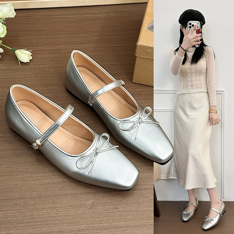 法式银色单鞋女2024冬新款方头浅口蝴蝶玛丽珍鞋甜美平底芭蕾舞鞋,女鞋,浅口单鞋,淘宝优惠券,粉丝福利购,淘宝优惠卷