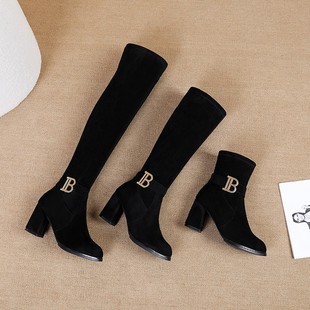 2026秋冬新麂皮绒面金属扣圆头粗跟短筒靴高跟长靴骑士靴女长筒靴