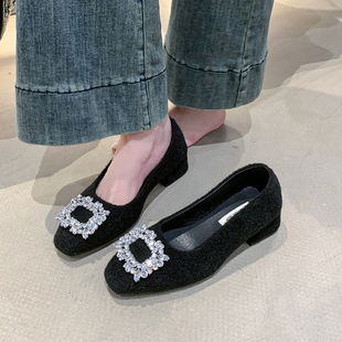 爆款黑色时尚气质单鞋水钻玛丽珍低跟高跟鞋制服职业通勤豆豆鞋女