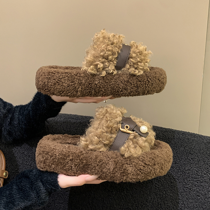 高级感厚底皮带扣毛毛拖鞋女