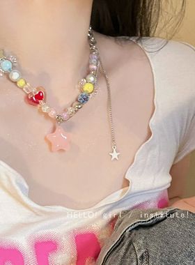 心动少女!糖果色多巴胺串珠星星项链女甜酷辣妹锁骨链y2k配饰品