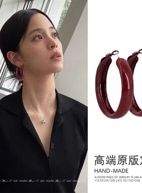 安可拉红色耳环大号夸张圆环耳圈复古港风耳饰高级感简约百搭饰品