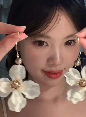 温柔法式布艺白色花朵珍珠耳环女长款显脸小森系仙气度假风氛围感
