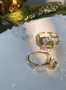 vintage中古戒指女ins橄榄绿锆石食指戒复古轻奢高级法式开口指环