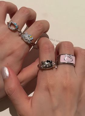 K门永存!粉色滴釉KT猫戒指卡通爆闪Y2K千禧辣妹开口戒食指戒指环