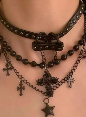 哥特风黑色皮带扣双层串珠项链