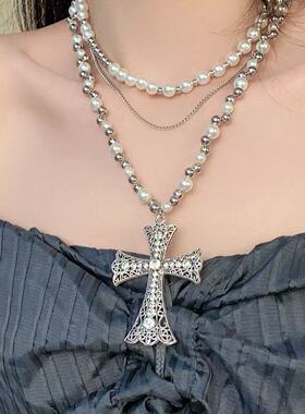 欧美珍珠满钻十字架项链轻奢高级感设计叠戴锁骨链时尚气质项饰潮
