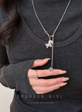 本命新宠 银色小马抽拉项链女秋冬轻奢小众高级感毛衣链长款配饰