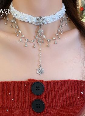 圣诞节织带镶钻雪花珍珠流苏项链ins风项链气质百搭饰品女高级感