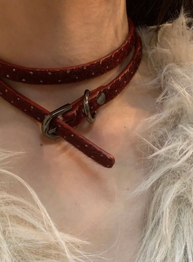 双圈酒红色复古波点choker皮带扣项圈女y2k千禧辣妹风颈带高级感