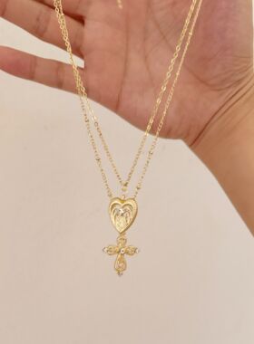 「蕾丝微光」 2025新款中古爱心十字架项链吊坠双层锁骨链轻奢女