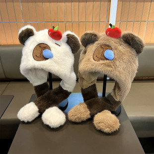 卡皮巴拉帽子围巾一体儿童捏耳朵会动的2025新款秋冬季男孩宝冬天