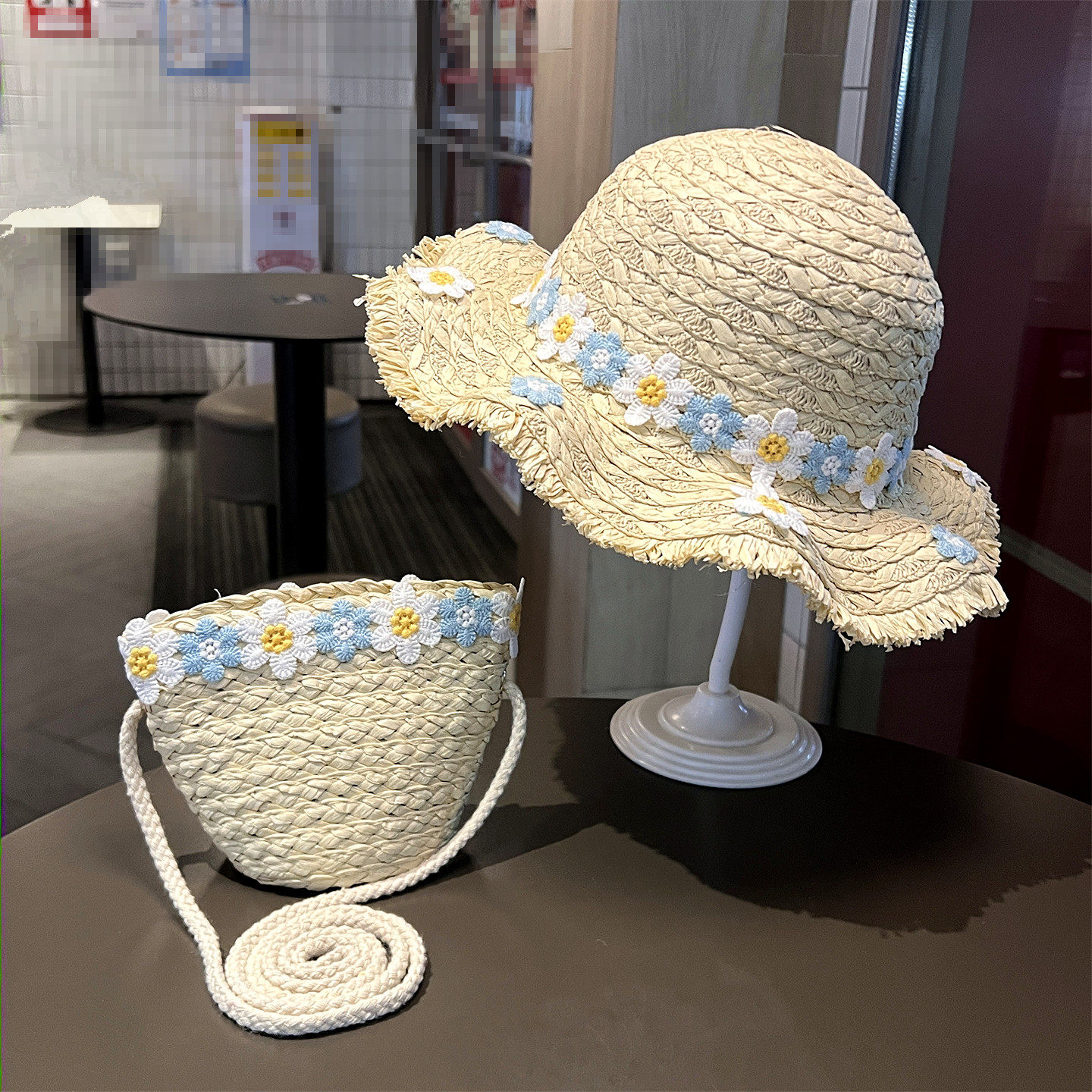 女宝宝帽子夏季海边度假风花朵草帽大檐遮阳防晒帽户外太阳帽亲子