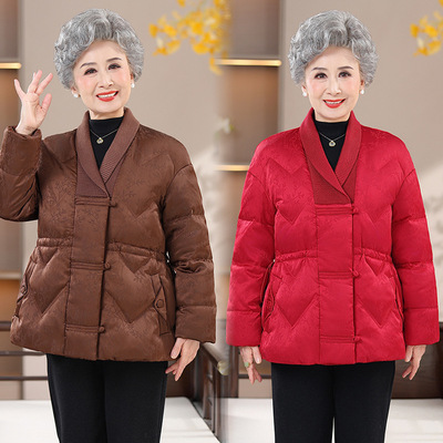奶奶短款羽绒服冬季女款2025新款中老年女装抽绳收腰花边保暖外套