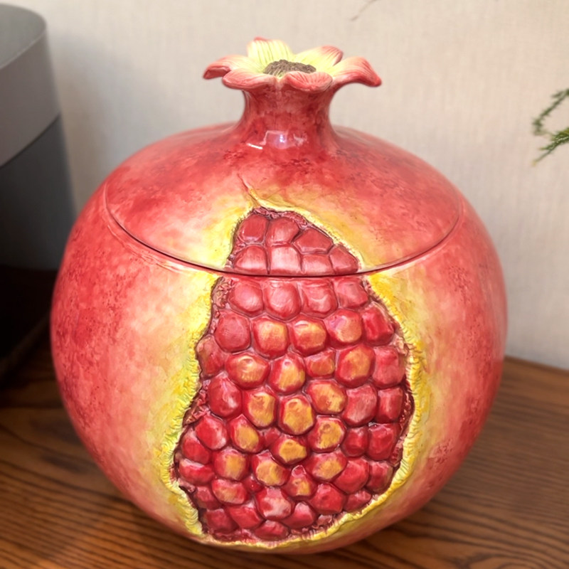 陶瓷石榴米缸家用带盖米桶10斤普洱茶缸存茶罐糖果零食收纳罐创意