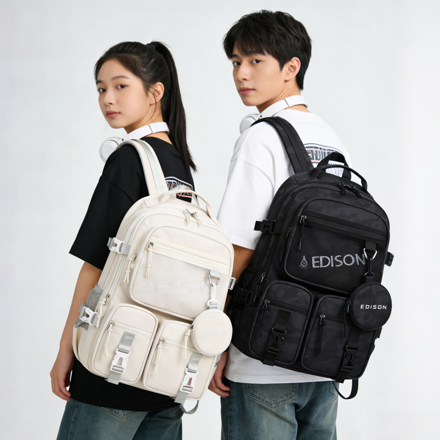 爱迪生高中生书包时尚潮流大容量初中大学生防泼水双肩包旅行背包